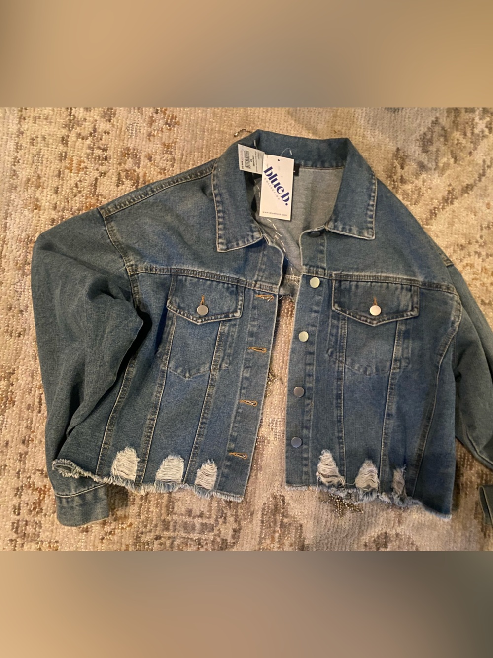 Rhinestone Blue Denim Jean jacket fringe sm med